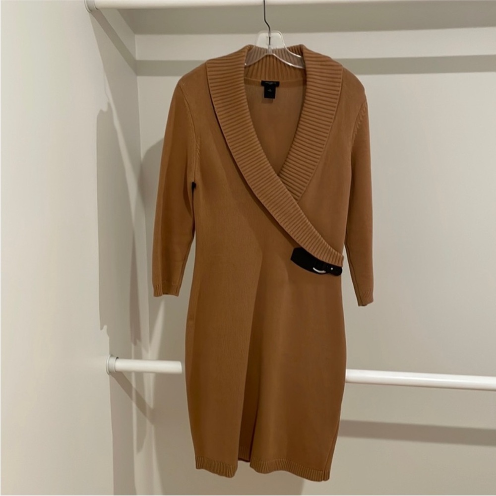 Ann Taylor Factory tan cardigan belted wrap dress with a shawl collar